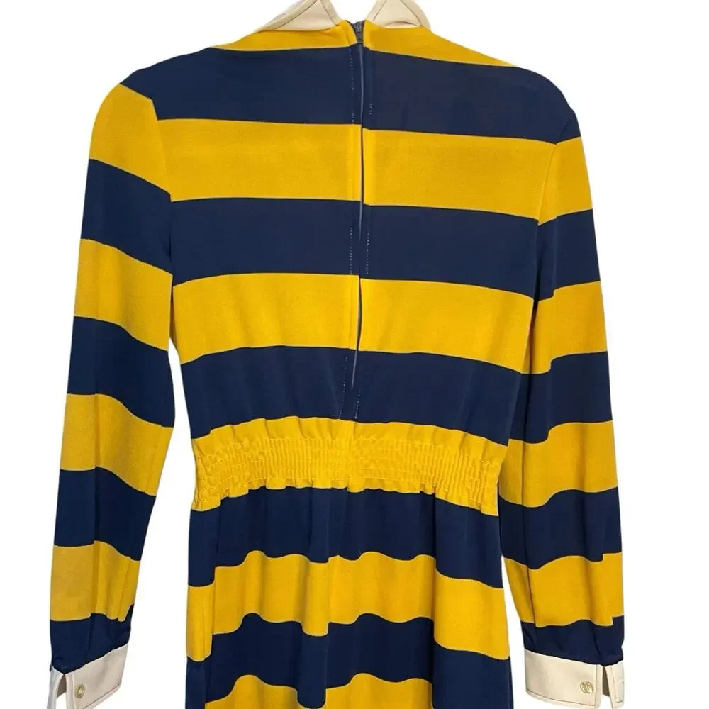 Verona Long Sleeve Knee Length Dress Women's 10 Yellow Blue Striped VTG Preppy
